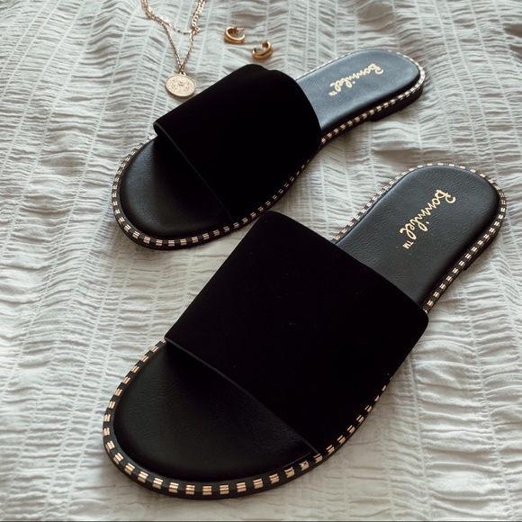 Bonnibel Shoes - Black vegan leather studded trim slide sandal